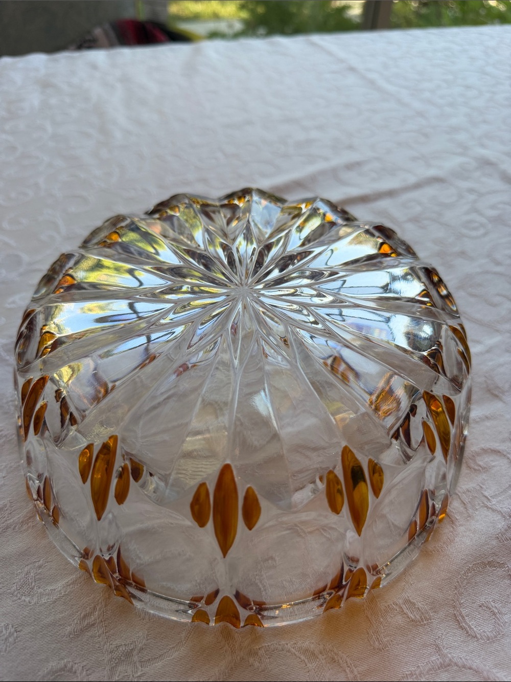 8.25” Vintage German Crystal Decorative Bowl with Amber Accents - Picture 11 of 11